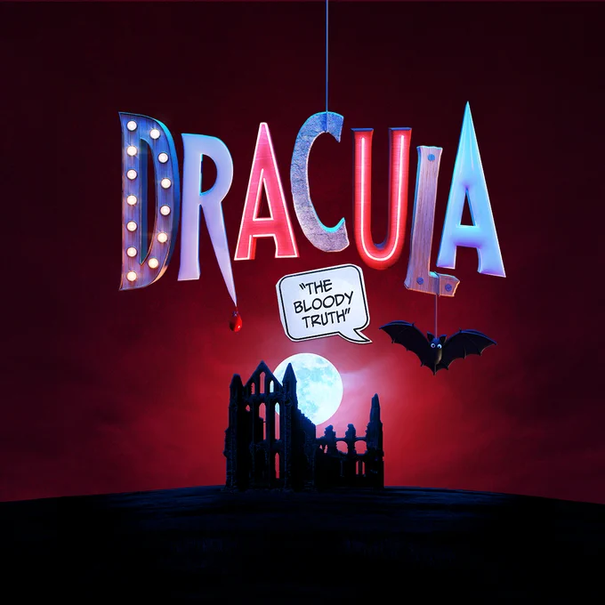 A graphic with the word 'Dracula' and 'The Bloody Truth' with a Gothic abbey and a bat. 