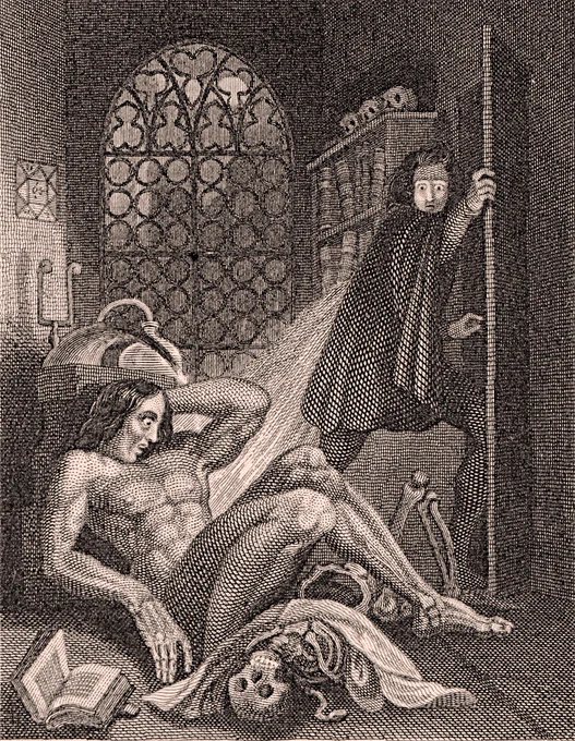 Black and white illustration of Frankenstein's creature coming to life, as Frankenstein flees from the room. From the frontispiece of the 1831 edition of Mary Shelley's Frankenstein.