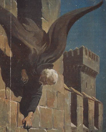 Illustration showing Count Dracula, the vampire, climbing down the wall of his castle. Detail from the cover of a 1919 edition of Bram Stoker’s Dracula.  