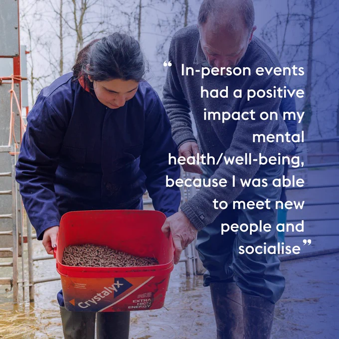 Rona and a farm hand carrying a large bucket of animal feed. Text: In-person events had a positive impact on my mental health/well-being, because I was able to meet new people and socialise."