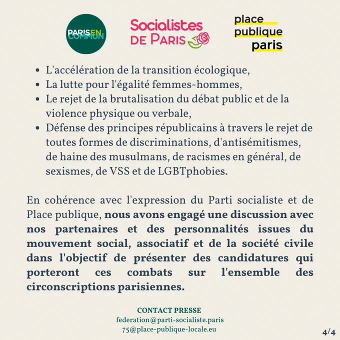 - L'accélération de la transition écologique, 
- La lutte pour l'égalité femmes-hommes, 
- Le rejet de la brutalisation du débat public et de la violence physique ou verbale, 
- Défense des principes républicains à travers le rejet de toutes formes de discriminations, d'antisémitismes, de haine des musulmans, de racismes en général, de sexismes, de VSS et de LGBTphobies. 

En cohérence avec l'expression du Parti socialiste et de Place publique, nous avons engagé une discussion avec nos partenaires et des personnalités issues du mouvement social, associatif et de la société civile dans l'objectif de présenter des candidatures qui porteront ces combats sur l'ensemble des circonscriptions parisiennes.


CONTACT PRESSE 
federation@parti-socialiste.paris
75@place-publique-locale.eu 

4/4