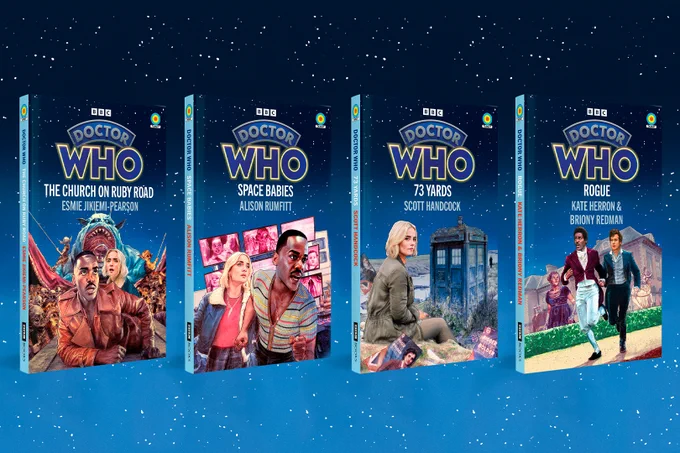 L-R: Covers for the novelisations of 'The Church on Ruby Road', 'Space Babies', '73 Yards' and 'Rogue', featuring Ncuti Gatwa as the Doctor and Millie Gibson as Ruby Sunday.