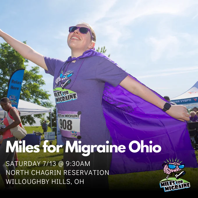 Photo: Woman smiling with a purple t-shirt, sunglasses and purple cape with arms stretched diagonally across the image

Text: Miles for Migraine Ohio, Saturday 7/13 @ 9:30am. North Chagrin Reservation, Willoughby Hills, OH
