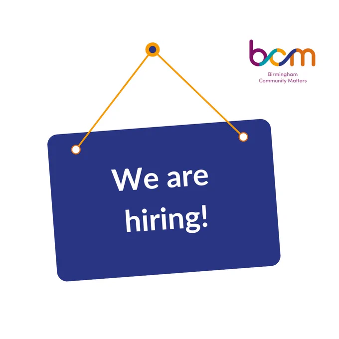 A swinging sign saying 'We are hiring'! BCM - Birmingham Community Matters - logo