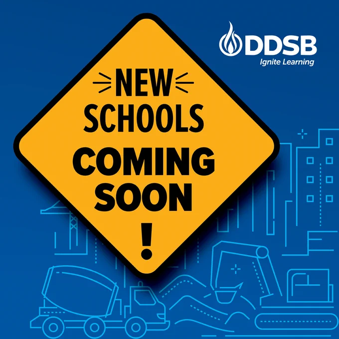 Wording overlaid on a street sign.
"New Schools, Coming Soon!"