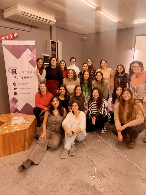Rladies foto grupal con banner, torta y hex stickers