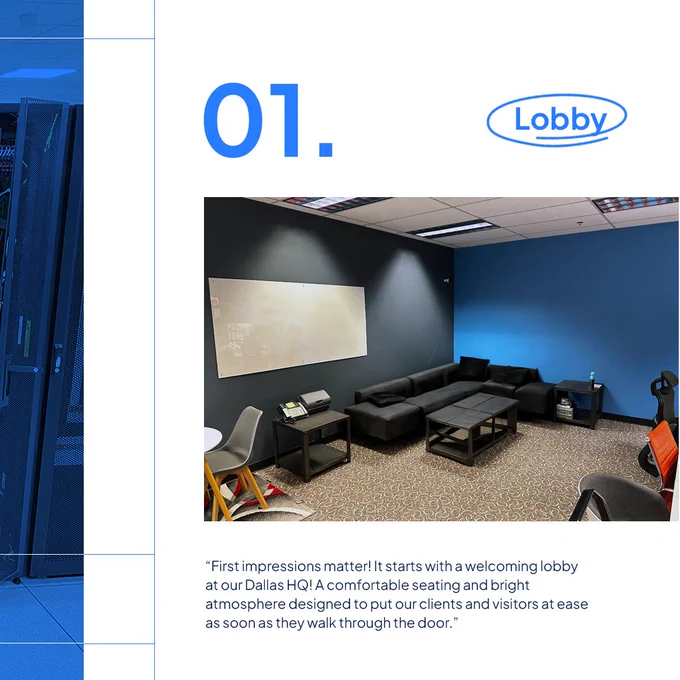 ServerHub's Dallas HQ's lobby has a comfortable seating and bright atmosphere designed to put our clients and visitors at ease as soon as they walk through the door. 
