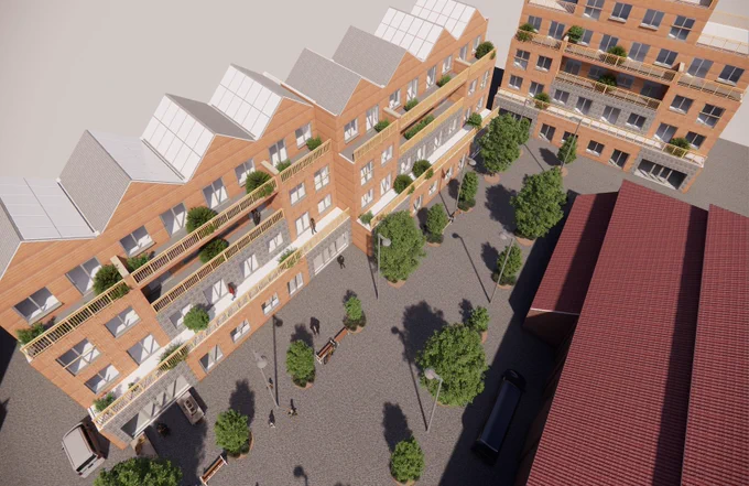 Overhead view of a CGI of a public space with ground floors of surrounding buildings opening on to it