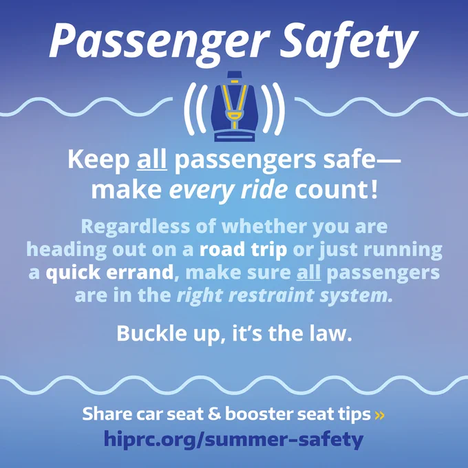 Graphic features a dark blue background with icon (at top) booster seat with yellow safety straps and buckle. Header reads “Passenger Safety” in white bold text with safety message below. Footer reads “Share car seat & booster seat safety tips >> hiprc.org/summer-safety”