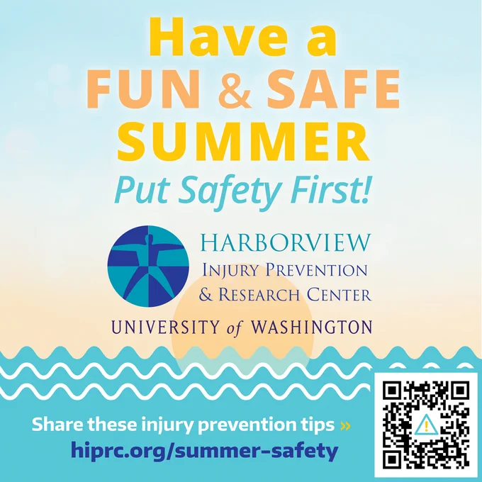 Intro graphic features a soft gradient sunset in shades of peach/sky blue with aqua blue waves at bottom. Reads “Have a FUN & SAFE Summer - Put Safety First!” with Harborview Injury Prevention & Research Center, University of Washington logo, website (hiprc.org/summer-safety) & QR Code (bottom right) for more info.