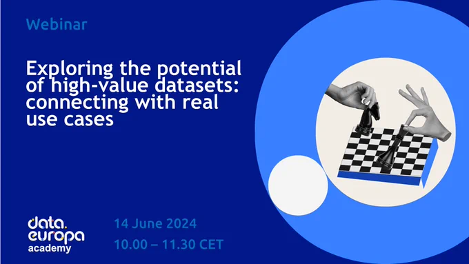 On the left is the tiitle of the webinar 'Exploring the potential of high-value datasets: connecting with real use cases.' On the right are concentric circles with two hands playing chess in the smaller circle. 