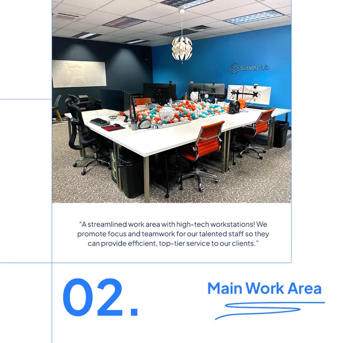 ServerHub's Dallas HQ's main work area has high-tech workstations because we promote focus and teamwork for our talented staff so they can provide efficient, top-tier service to our clients.