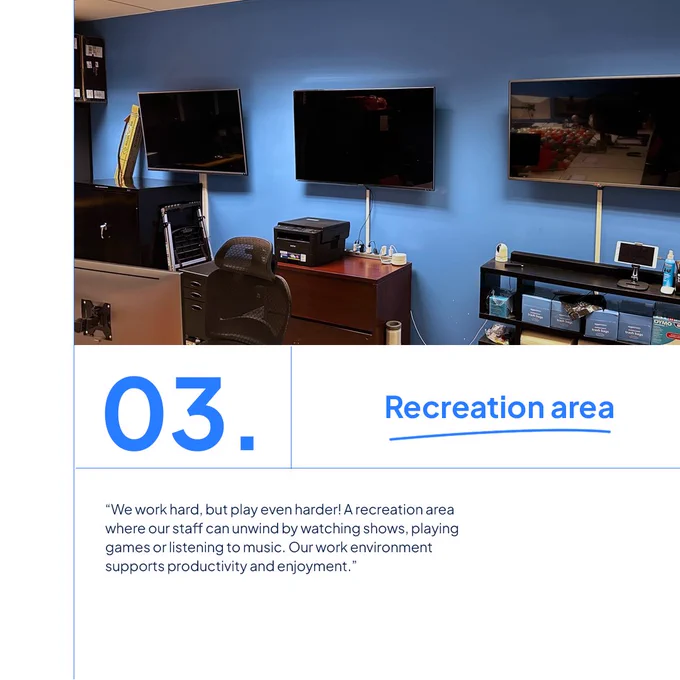 ServerHub's Dallas HQ's recreation area where our staff can unwind by watching shows, playing games or listening to music. Our work environment supports productivity and enjoyment.