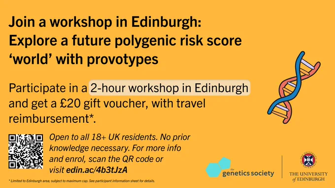 This is a workshop poster. Join a workshop in Edinburgh: Explore a future polygenic risk score ‘world’ with provotypes. Participate in a 2-hour workshop in Edinburgh and get a £20 gift voucher, with travel reimbursement. Open to all 18  UK residents. No prior knowledge necessary. For more info and enrol, scan the QR code (on the poster) or visit https://edin.ac/4b3tJzA. The logos of the Genetics Society and the University of Edinburgh are in the right-lower corner.
