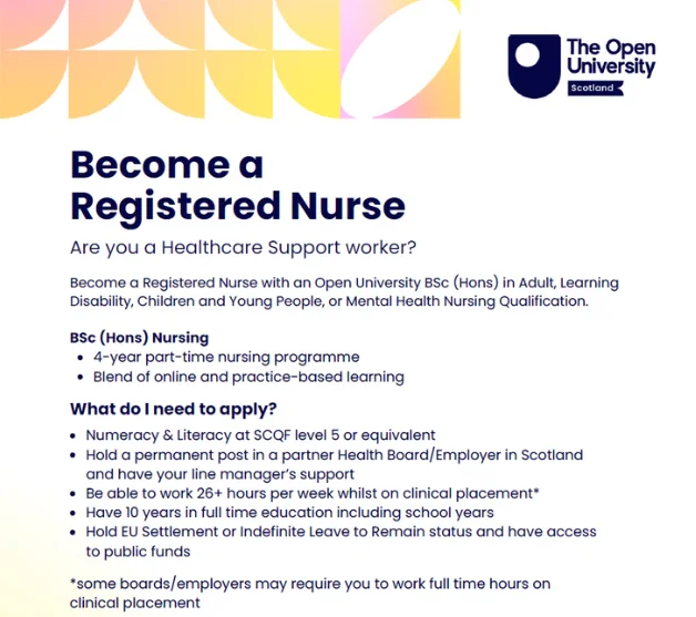Informational flyer for sessions on becoming a registered nurse with the OU. 