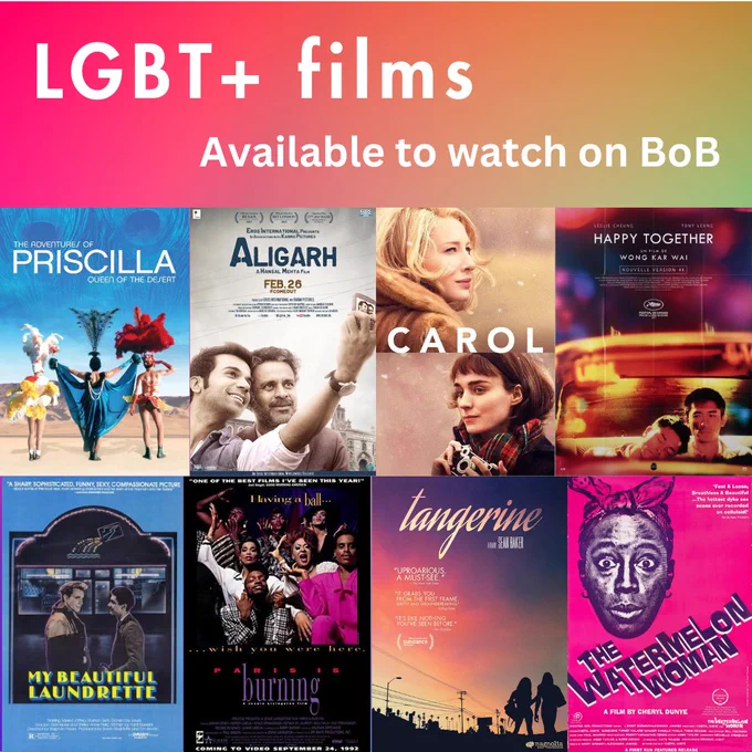 LGBT  films available to watch on BoB - showing the posters for various films.