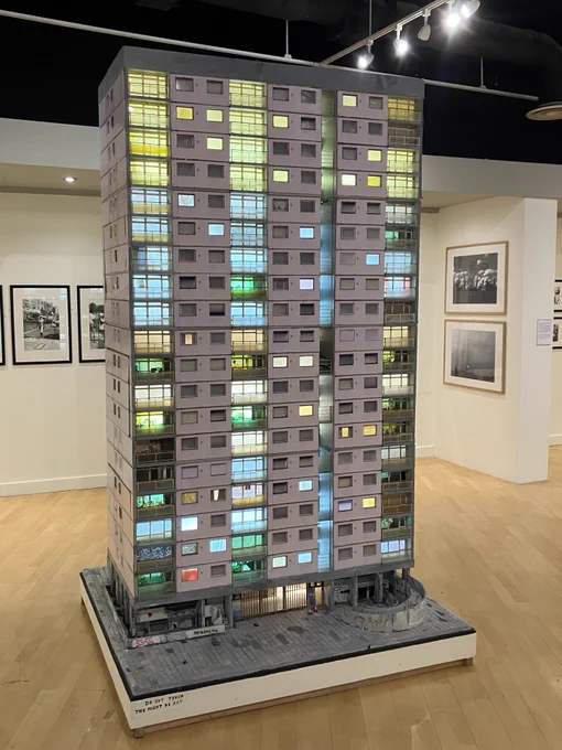 The Hollystreet estate model (Model of tower block with lit up windows) in photography exhibition. 