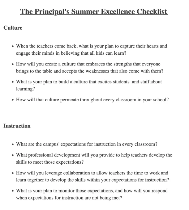Screenshot from the linked article, capturing part of a document called "The Principal's Summer Excellence Checklist." The principal has organized goals by category, with "Culture" and "Instruction" visible here.