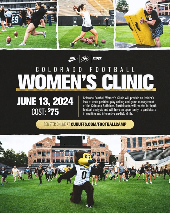 Colorado Football Women's Clinic on June 13. Cost: $75. Register online at cubuffs.com/footballcamp 