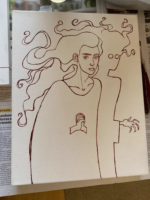 A rectangular canvas oriented vertically, with a drawing in red of a woman, hands clasped, with a threatening shadow behind her.