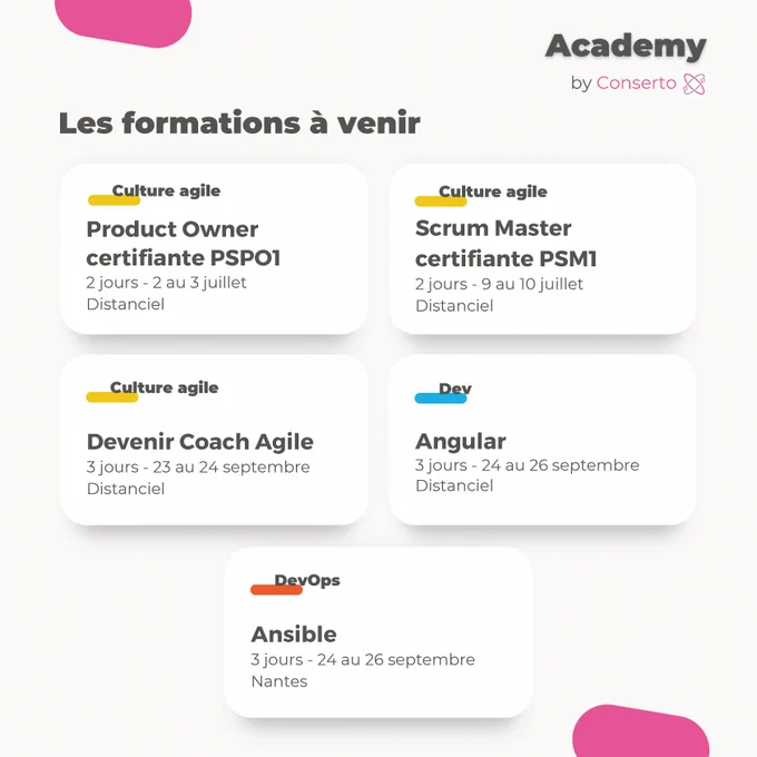 Les formations à venir : 
- Product Owner certifiante PSPO1 : 2 jours du 2 au 3 juillet, en distanciel (culture agile)
- Scrum Master certifiante PSM1 : 2 jours du 9 au 10 juillet, en distanciel (culture agile)
- Devenir Coach Agile : 3 jours du 23 au 24 septembre et le 14 octobre, en distanciel (culture agile)
- Angular : 3 jours du 24 au 26 septembre, en distanciel (dev)
- Ansible : 3 jours du 24 au 26 septembre, à Nantes (devOps)