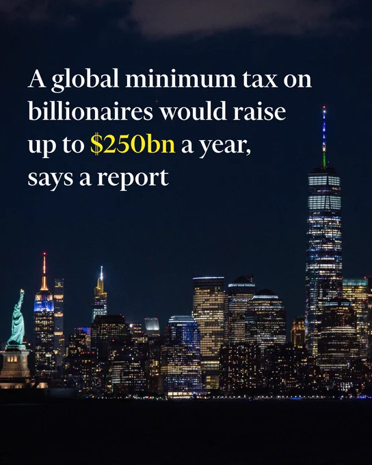 Manhattan skyline at night. Overlaid text reads: A global minimum tax on billionaires would raise up to $250bn a year, says a report