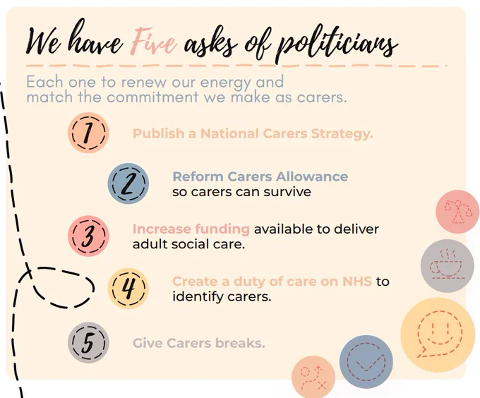 We have 5 asks of politicians including no 5 Give Carers Breaks 