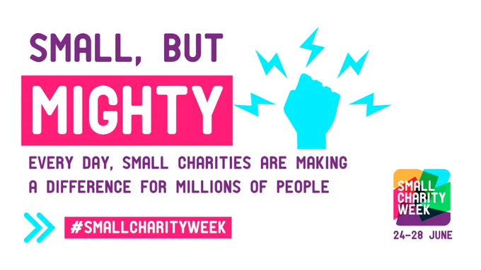 Official Small Charity Week promotional image says “Small, but mighty. Everyday small charities are making a difference to millions of people”.