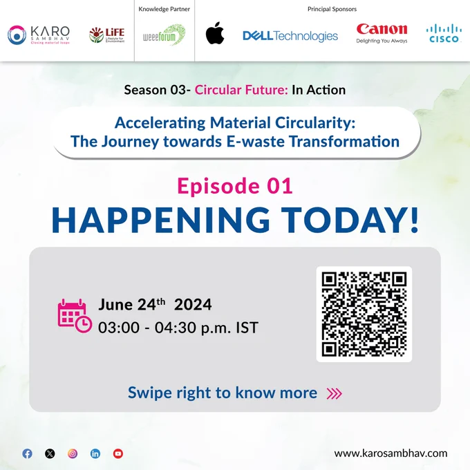 A webinar on “Accelerating Material Circularity: The Journey towards E-Waste Transformation” by Karo Sambhav on June 24th, 2024.