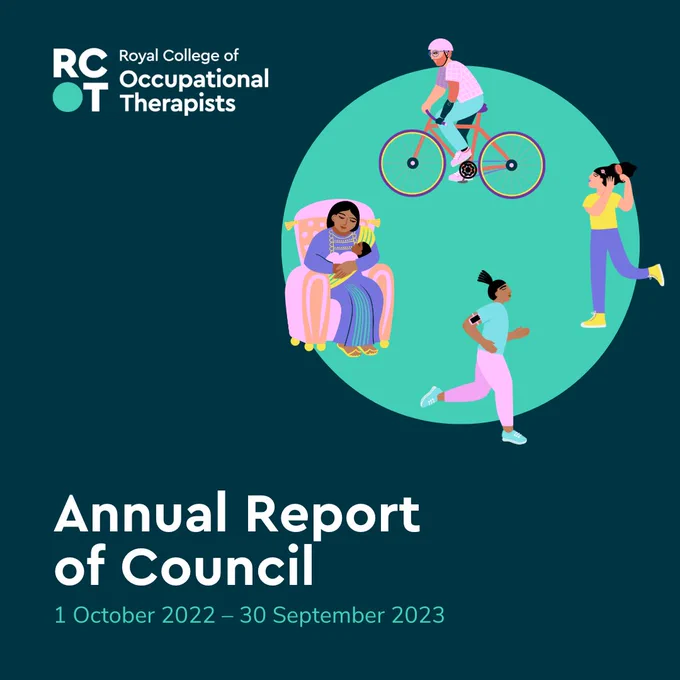 Text reads 'Annual Report of Council. 1 October 2022 – 30 September 2023.'

Illustrations show a person holding a baby, a person cycling, a person running and a person brushing their hair. 