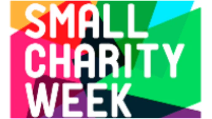 Colourful geometric background with the words "SMALL CHARITY WEEK" prominently displayed in the centre. The text is white with a drop shadow effect, enhancing readability against the bright, multicoloured shapes.
