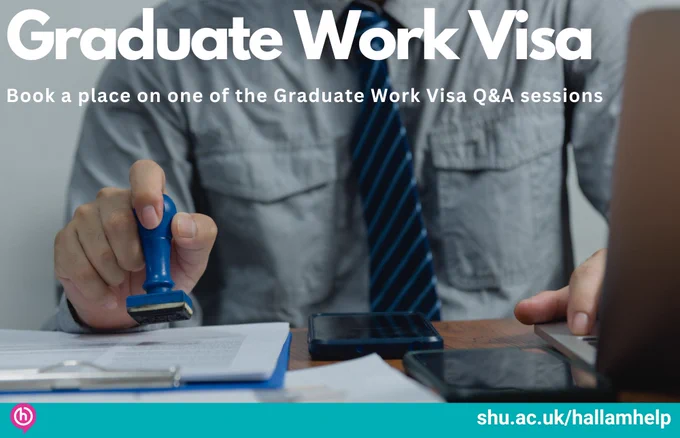 Individual using a blue stamp on a document, with text; 'Graduate Work Visa'.