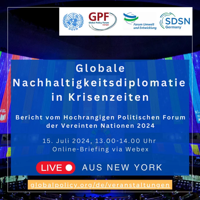 Coverbild zur Onlineveranstaltung mit Logos und Titel: Globale Nachhaltigkeitsdiplomatie in Krisenzeiten