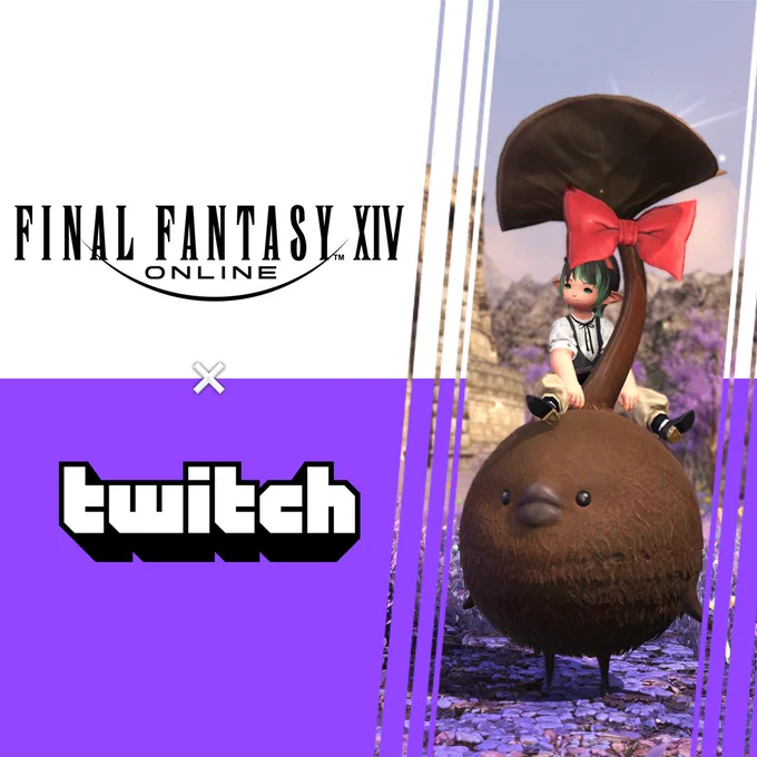 Une bannière qui montre en haut à gauche le logo Final Fantasy 14 Online en noir sur fond blanc et en bas à gauche le logo Twitch en noir et blanc sur fond violet. Sur la droite on peut voir une capture d'écran du jeu qui montre une petite personne assise sur une sorte de plante vivante marron en forme de boule avec des petits bras et jambes et une grande tige sur sa tête avec une feuille à son sommet.