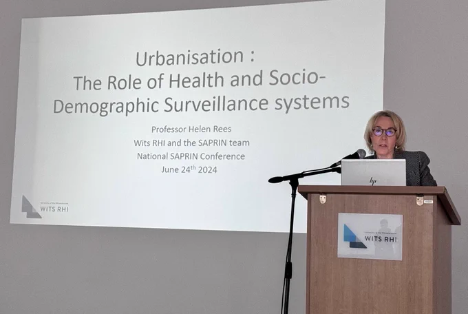 Professor Helen Rees opening the scientific plenary at the Annual SAPRIN Conference in Wits RHI, Hillbrow today, 24 June