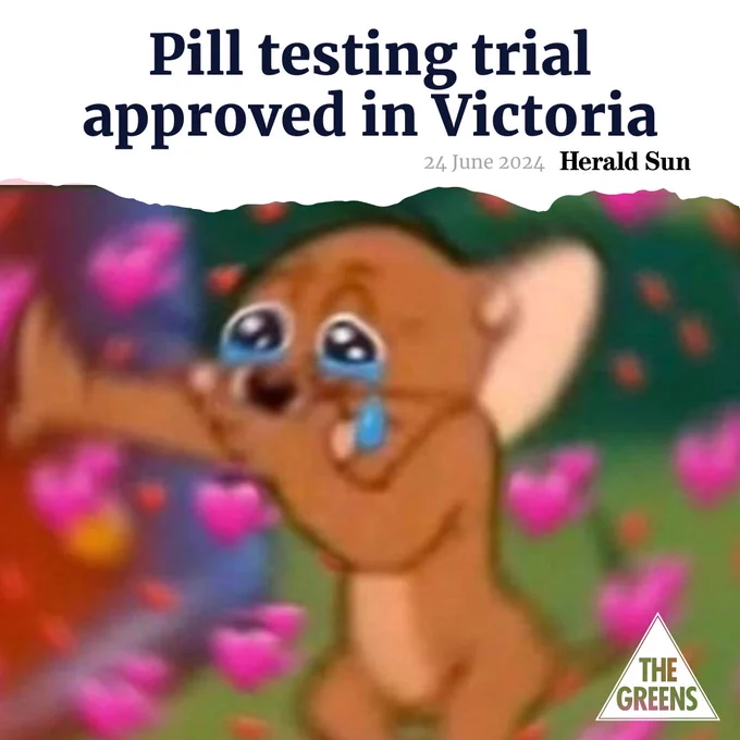 image with text reading: pill testing trial approved in victoria
