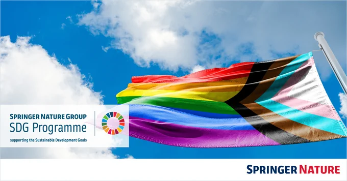 Image of Pride flag flying. Logo of the Springer Nature SDG Programme at the bottom left.