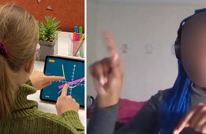 The left picture shows an anonymized participant representing a slope in the air using both pointing fingers. On their side is a picture of a function's graph that they are describing. The right picture shows a woman manipulating a function's graph on a tablet using both pointing fingers on a specific point of the function to adjust its slope.