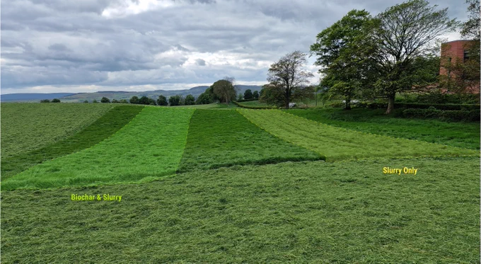 View of grassland plots in biochar field trials indicating strips where biochar and slurry have been applied, and where only slurry has been applied