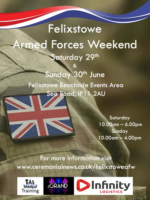 A poster about Armed Forces Day in Felixstowe June 29 and 30th. The image is an army uniform with a Union Flag badge on the shoulder.
