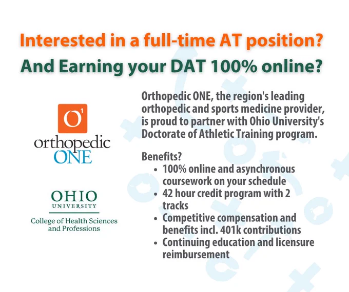 The partnership between Ohio University’s Doctor of Athletic Training Program (DAT) and Orthopedic ONE will provide a full-time athletic training position and cover your DAT tuition.