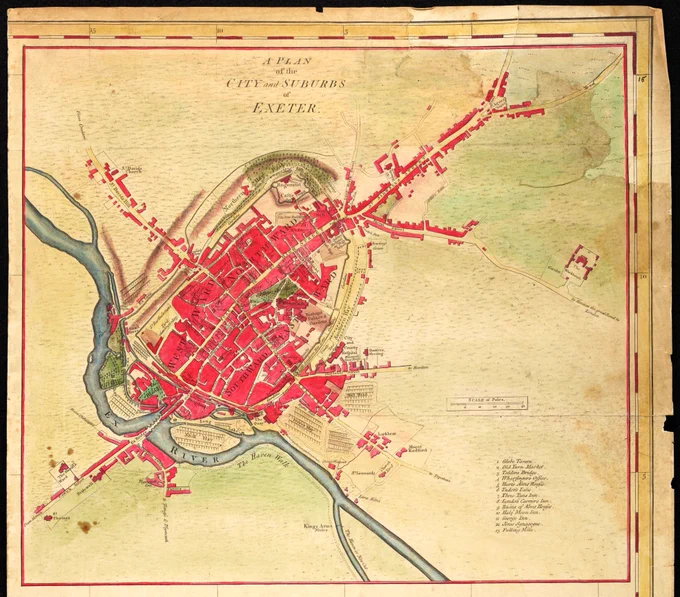 Plan of Exeter, entitled 'A Plan of the City and Suburbs of Exeter'. Built-up areas are highlighted in red. Gardens, cemeteries and the countryside are highlighted in green.The river is highlighted in blue. A key on the right notes places of interest in Exeter, including 'Globe Tavern', 'Hurt's Alms Houses' and 'Fulling Mills'. Street names and many building names are also named on the plan. The plan extends as far as St Thomas in the south and to the top of Sidwell Street in the north.