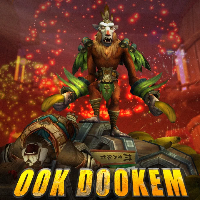 An image of Ook-Ook, the first boss of the Stormstout Brewery dungeon, standing on a pile of bananas, broken barrels, and defeated Pandaren. The hozen creature is more monkey than human, with brown fur on his body and a white face decorated with red paint on his nose and cheeks. He is wearing a feather crown and armor made of green leaves on his shoulders, wrists, and waist. Red fireworks explode behind him and large text at the bottom reads “Ook Dookem”