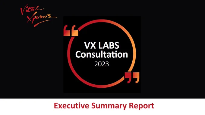 Publication cover. White letters in the middle read 'VX Labs Consultation 2023'. The text is encircled by a speech bubble in dark red and oranges shades. Top left is the Vital Xposure logo is the same dark red and orange shades. Text at the bottom read 'Executive Summary Report'.