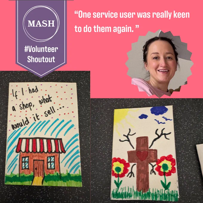 Purple banner top left with #VolunteerShoutOut with caption "One service user was really keen to do them again" on the right. Image below of volunteer Jess and two zine creations - One with a little house and "If I had a shop, what would it sell..." on it. On the right is another zine with a gravestone and flowers