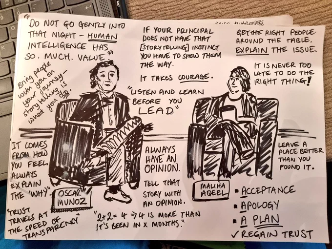 Sketchnote of Oscar Munoz in a fireside chat with Maliha Aqeel. 

Do not go gently into that great night - human intelligence has so. Much. Value.
If your principal does not have that [storytelling] instinct you have to show them the way. It takes courage. 
Bring people with you o your journey - storytelling is what you do. 
Always have an opinion. Tell that story with an opinion - 2 2 = 4 becomes 4 is also more than it's been in X months. 
It comes from how you feel. Always explain the why. 
Get the right people around the table. Explain the issue. 
It is never too late to do the right thing. 
Leave a place better than you found it. 
Acceptance, Apology, A plan. Regain trust. 
Trust travels at the speed of transparency.
Listen and learn before you lead.