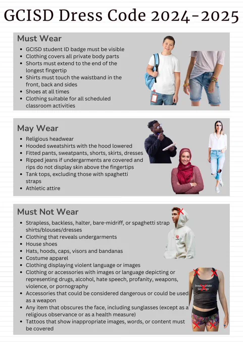 GCISD Dress COde 2024-2025 graphic. Click the link to learn more. 