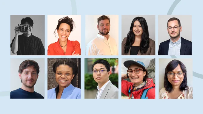 A collage of ten headshots, five by two rows, against a pale blue background.
