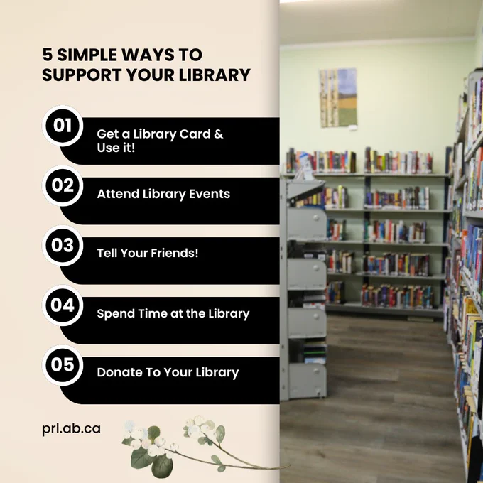 Image: Row of library shelving
Text:
5 Simple ways to support your library
1 Get a library card & use it
2 Attend library events
3 Tell your friends
4 Spend time at the library
5 Donate to your library