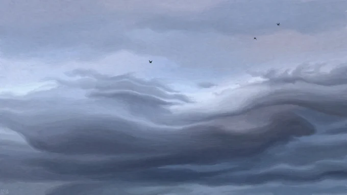 Digital painting of a cloudy sky made up of dark grey waves that barely let the light through. The upper half of the frame is a lighter grey, but just as cloudy. There are three black birds flying across the frame.